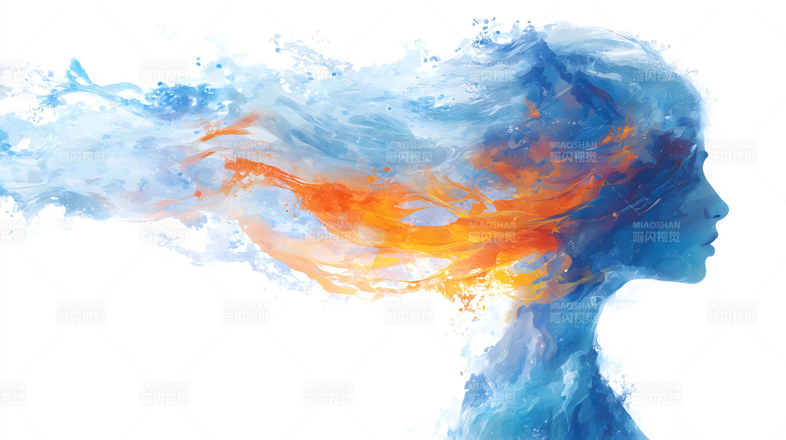 側臉女性與水墨結合的藝術創作-圖片