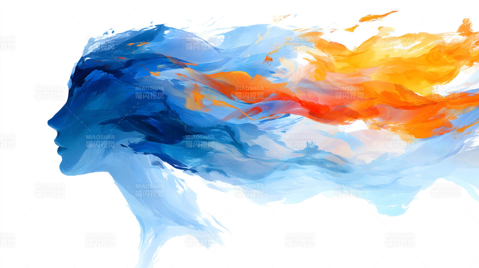 藍色與橙色交織的女性側臉-圖片