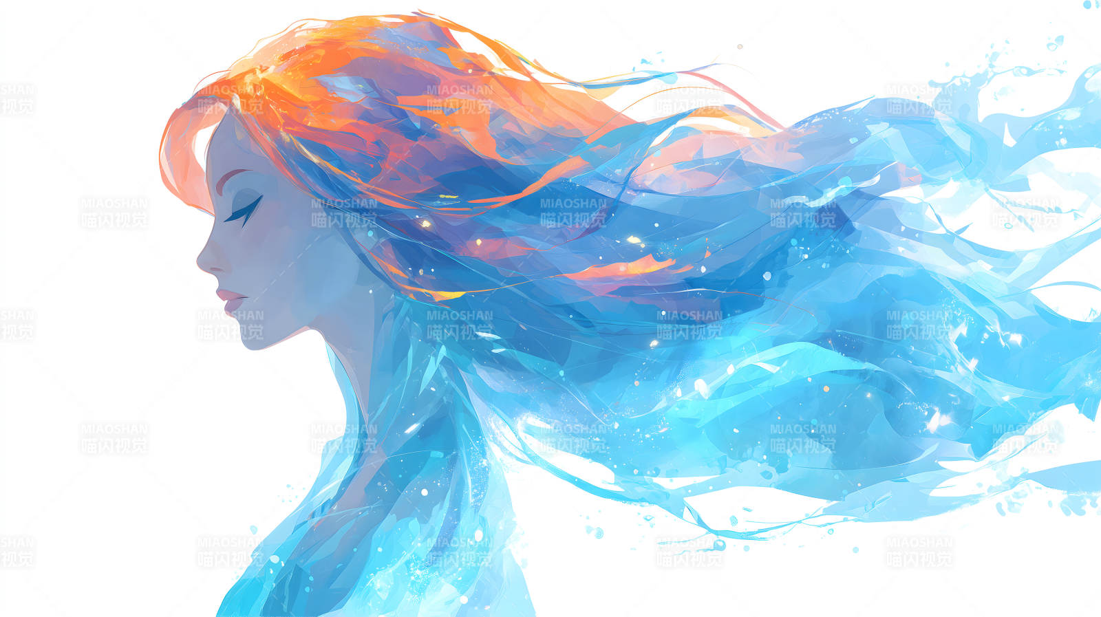 水藍色長發女子側影靈動飄逸-圖片
