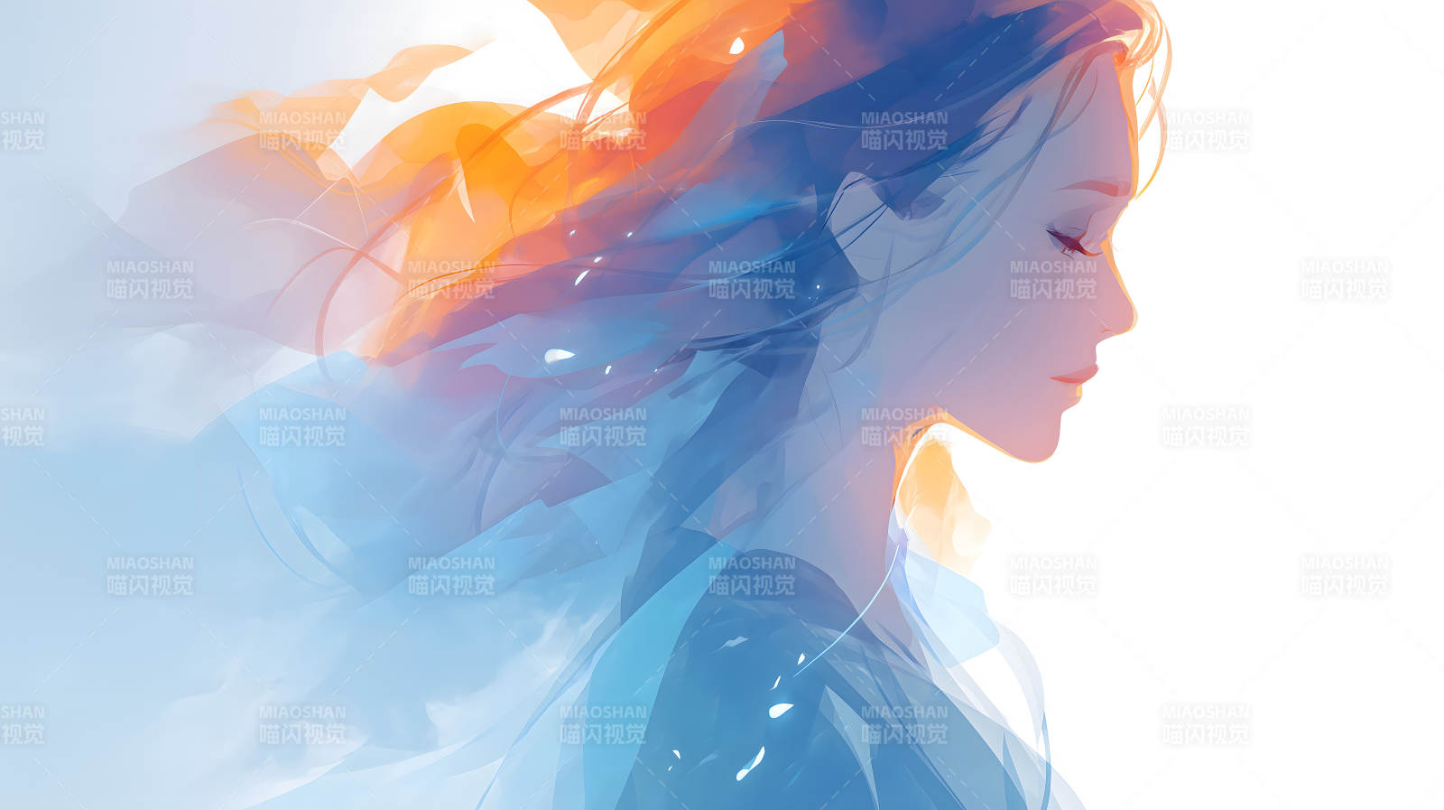 水彩風格的女性側影與飄逸發絲-圖片