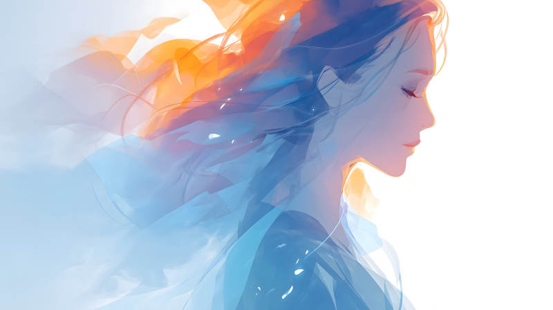 水彩風格的女性側影與飄逸發絲-圖片