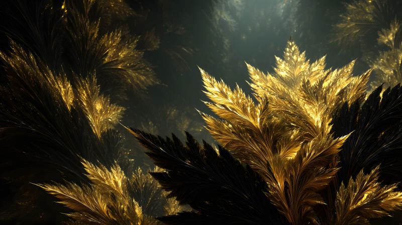 金色羽毛在黑暗背景中閃耀-圖片