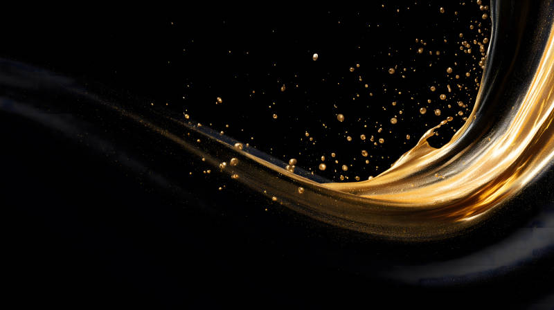 金色液體飛濺在黑色背景上-圖片