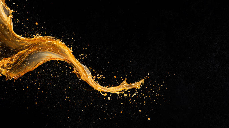 液體飛濺琥珀色液體在黑色背景上-圖片