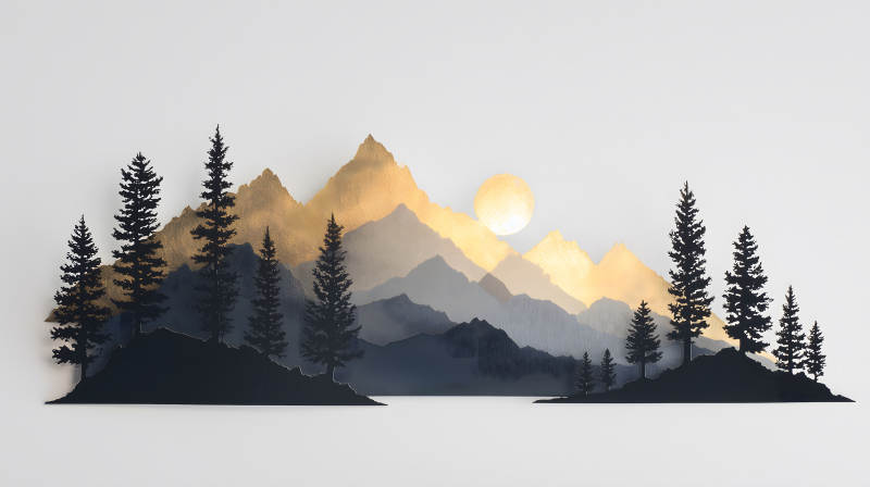 金色山脈樹木剪影日落-圖片