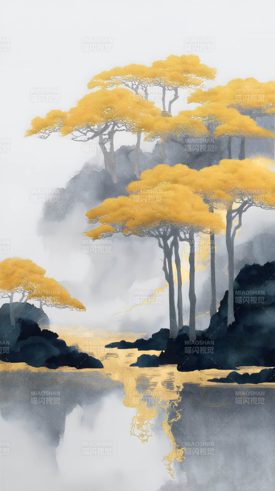 金色樹(shù)木映襯水面意境幽深-圖片