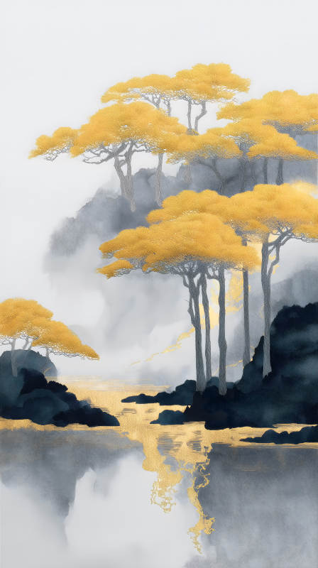 金色樹木映襯水面意境幽深-圖片