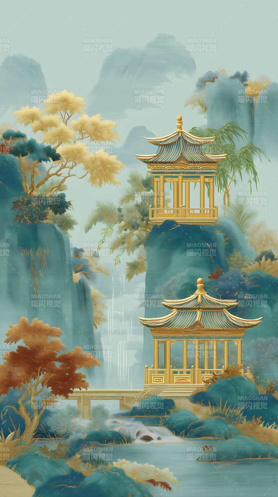 东方仙境风景画亭台楼阁山水画-图片