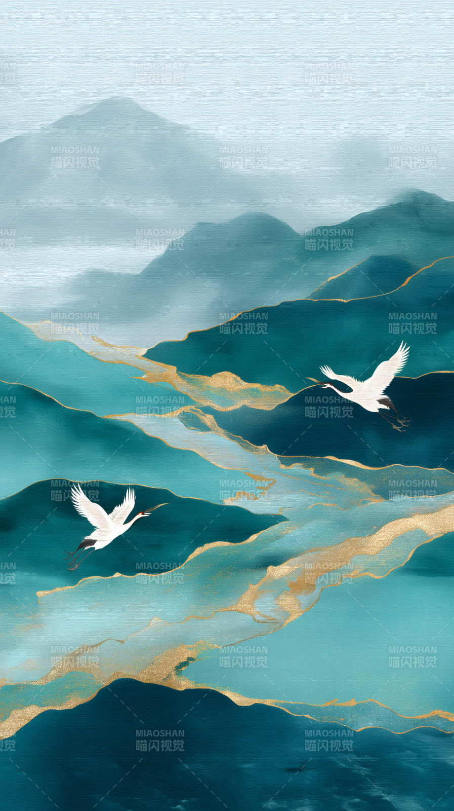 水墨山水畫鶴鳥翱翔-圖片