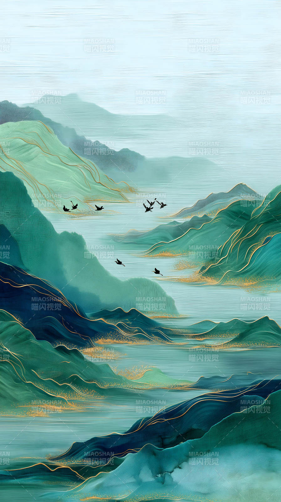 水墨山水畫鳥兒飛翔云霧繚繞-圖片