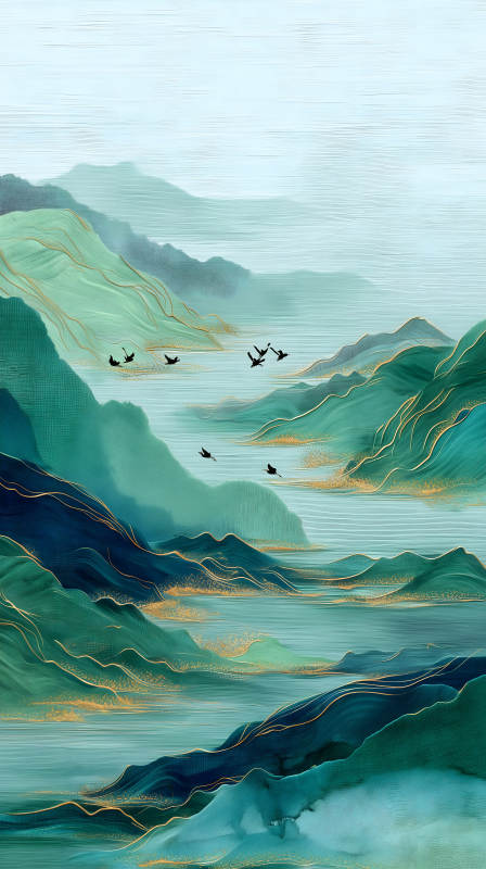 水墨山水畫鳥兒飛翔云霧繚繞-圖片