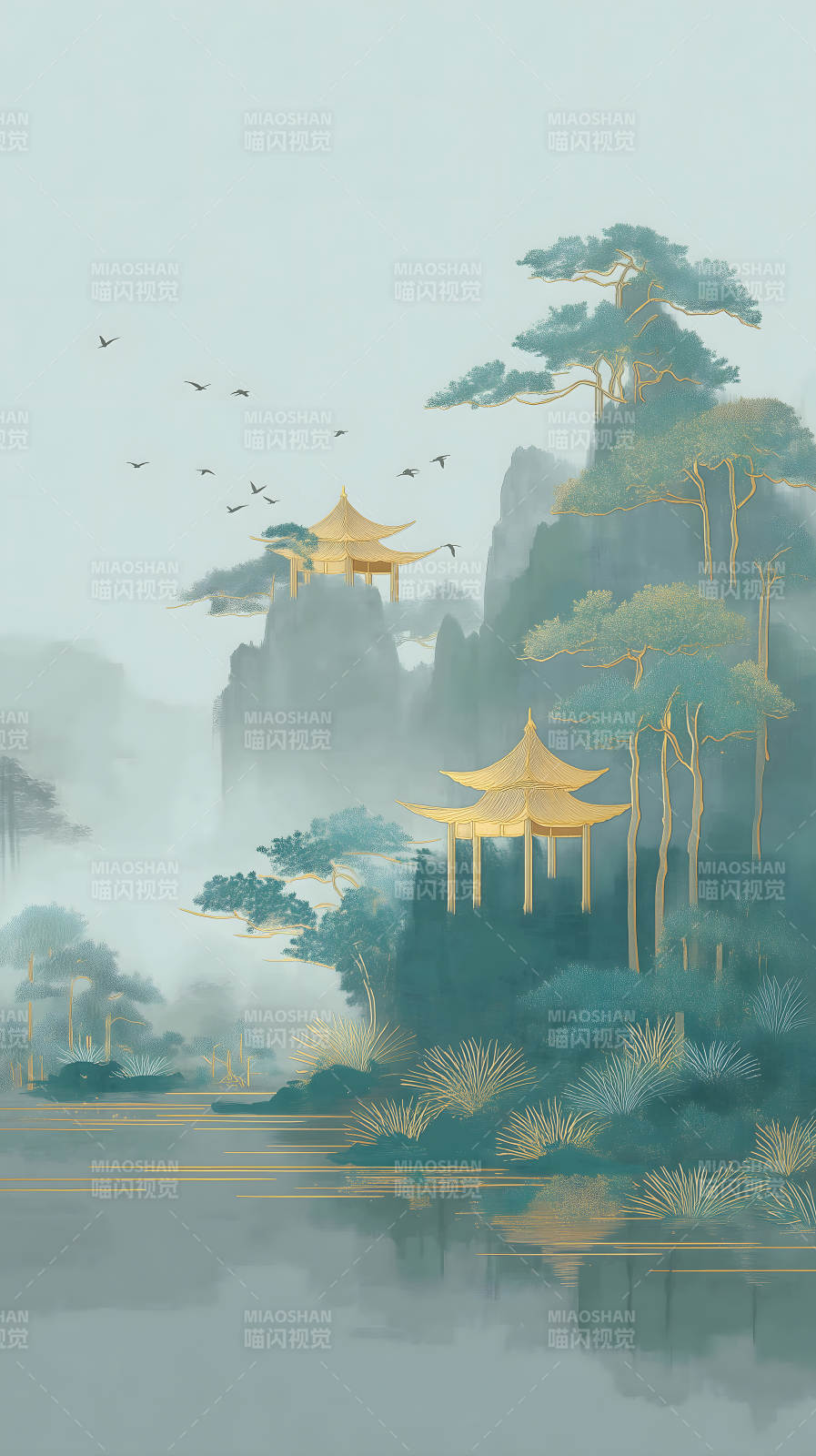 水墨山水畫亭臺樓閣云霧繚繞-圖片