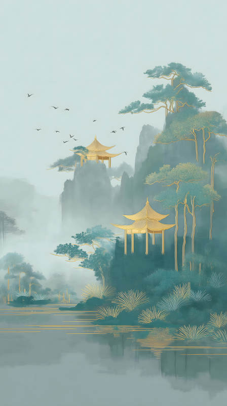 水墨山水畫亭臺樓閣云霧繚繞-圖片