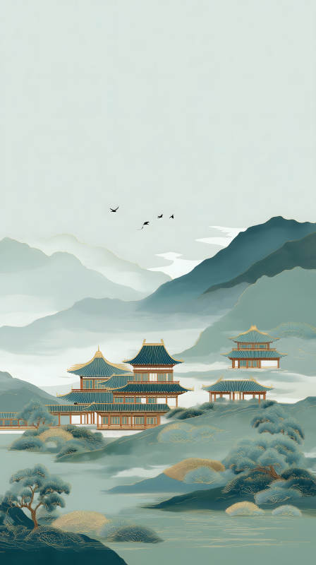中国风山水画古色古香建筑-图片