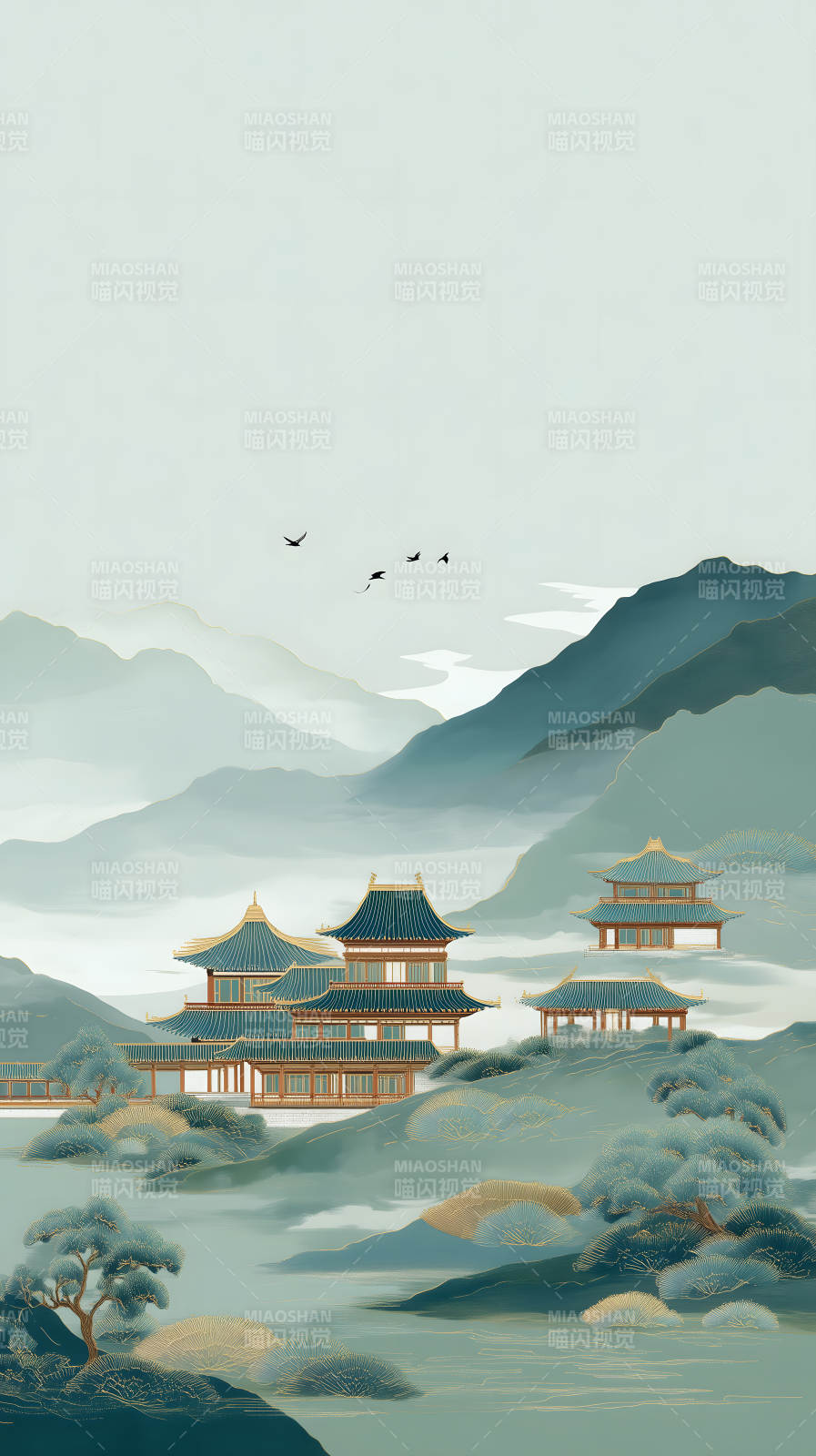 中國風山水畫古色古香建筑-圖片