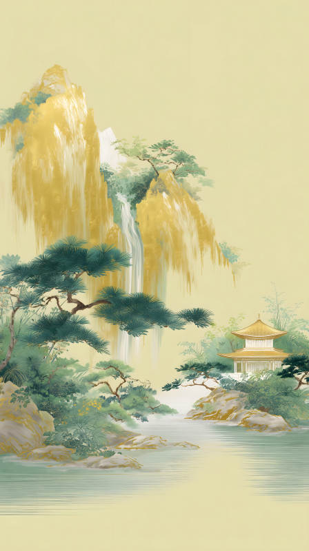 山水畫金山水瀑布寺廟-圖片