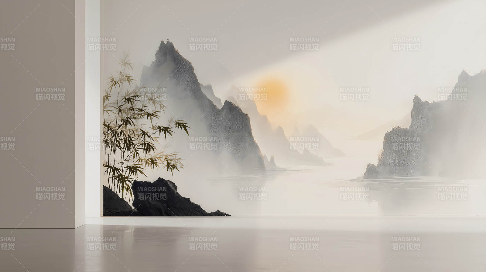 墻繪山水意境悠遠竹影婆娑-圖片