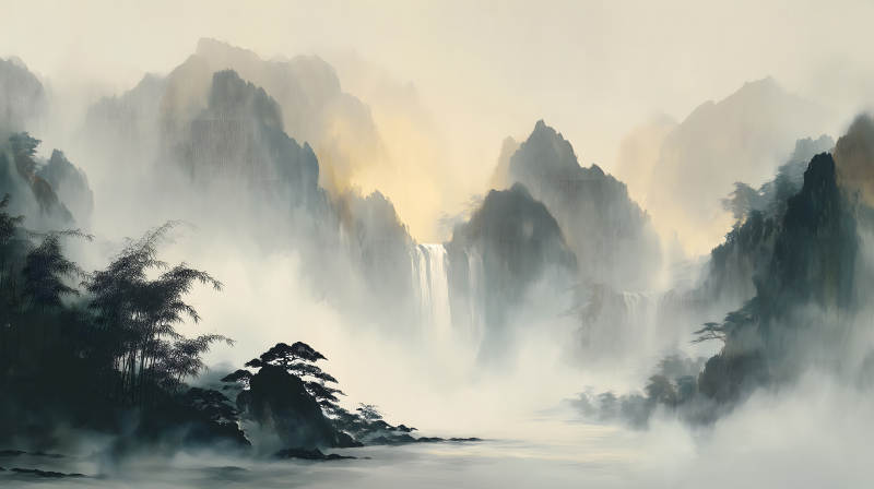 山水画意境瀑布云雾缭绕-图片