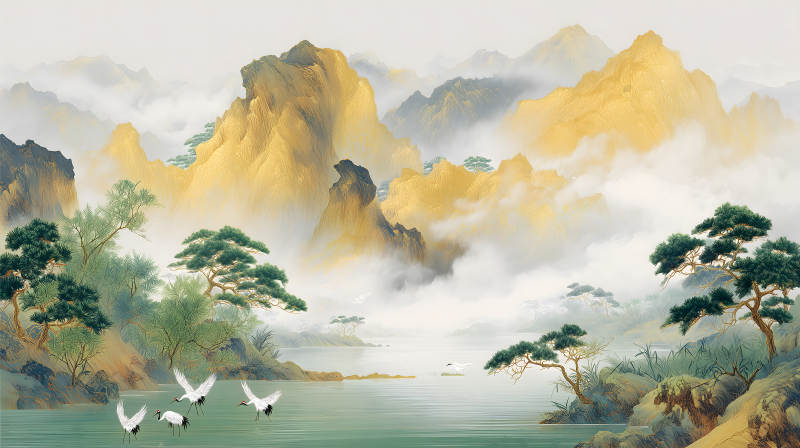 山水畫卷仙鶴飛舞景色宜人-圖片