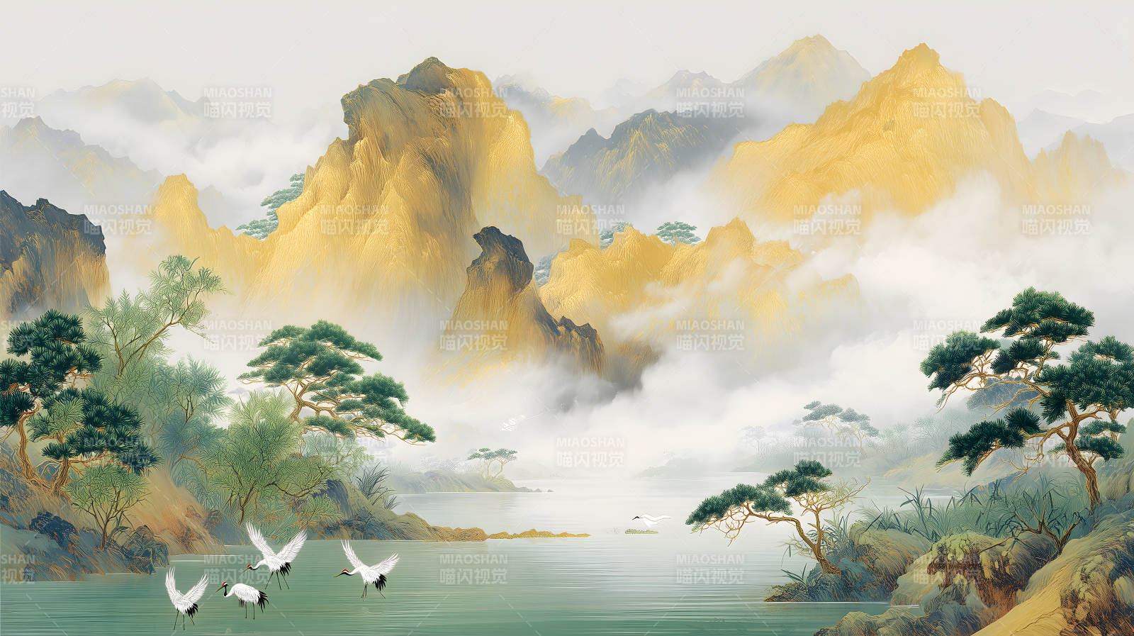 山水画卷仙鹤飞舞景色宜人-图片