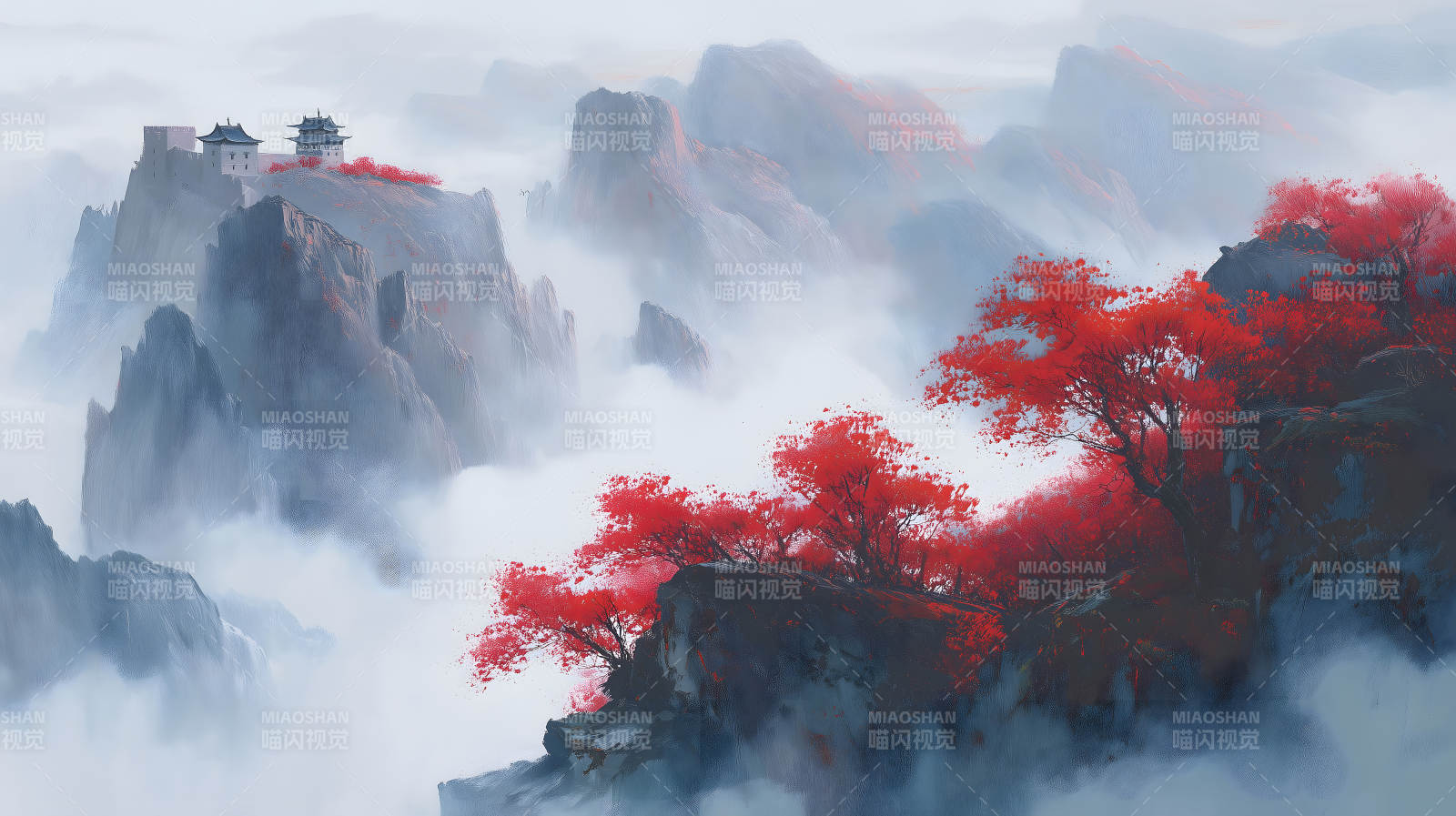 山水之間紅葉點綴宛如仙境-圖片