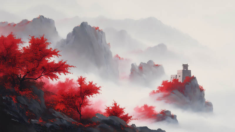紅葉山水畫景色壯麗迷人-圖片