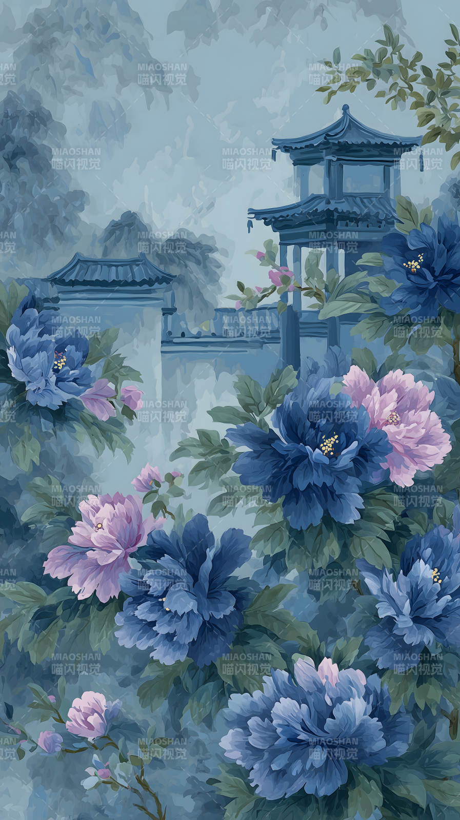 藍(lán)花粉花襯景中式建筑-圖片