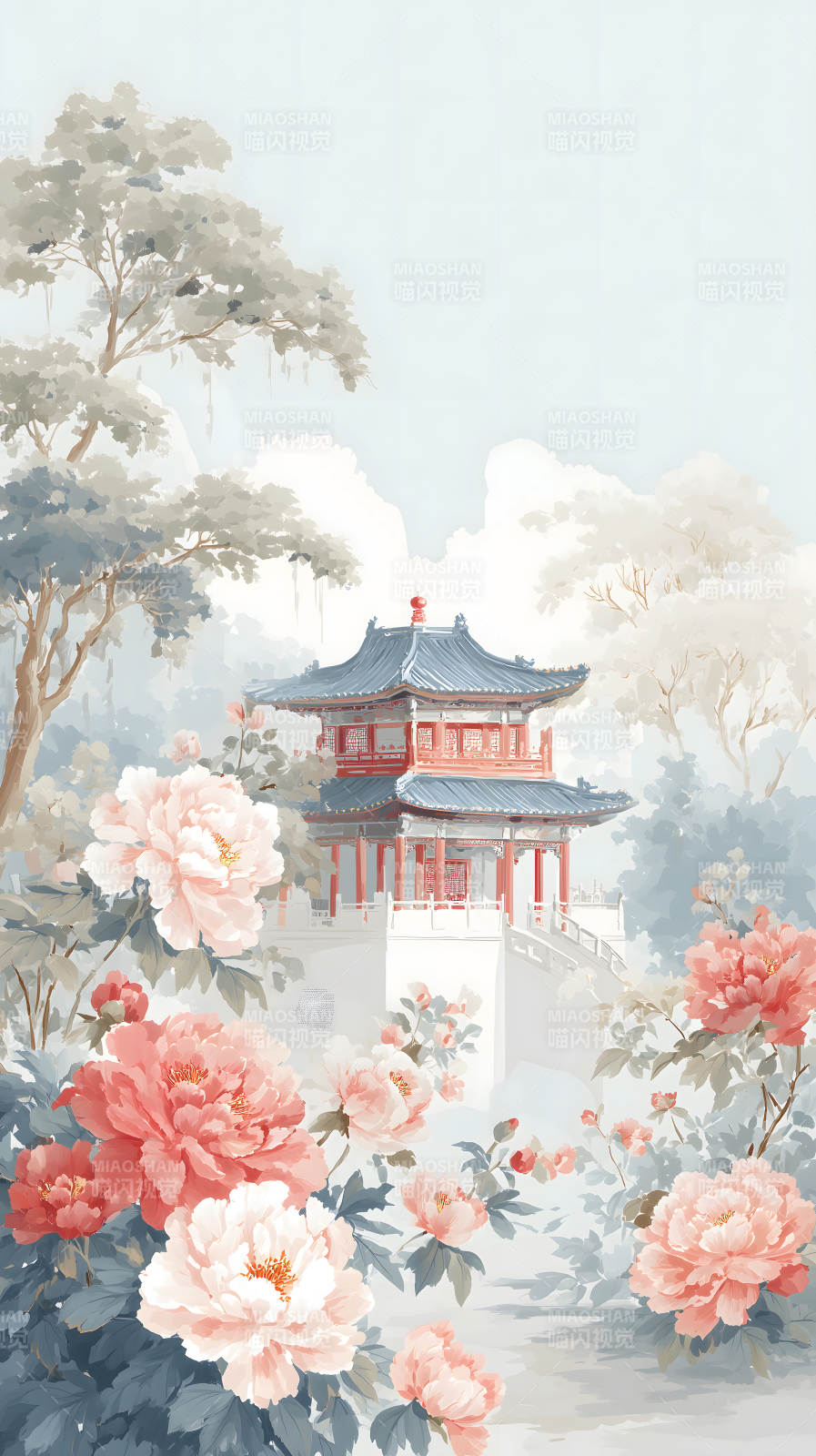 中國風庭院建筑花卉-圖片