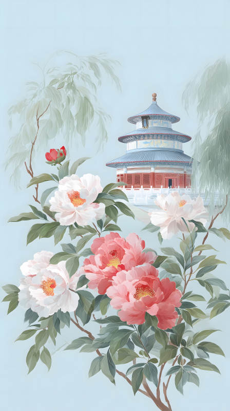 亭臺樓閣牡丹盛開的國風(fēng)畫-圖片