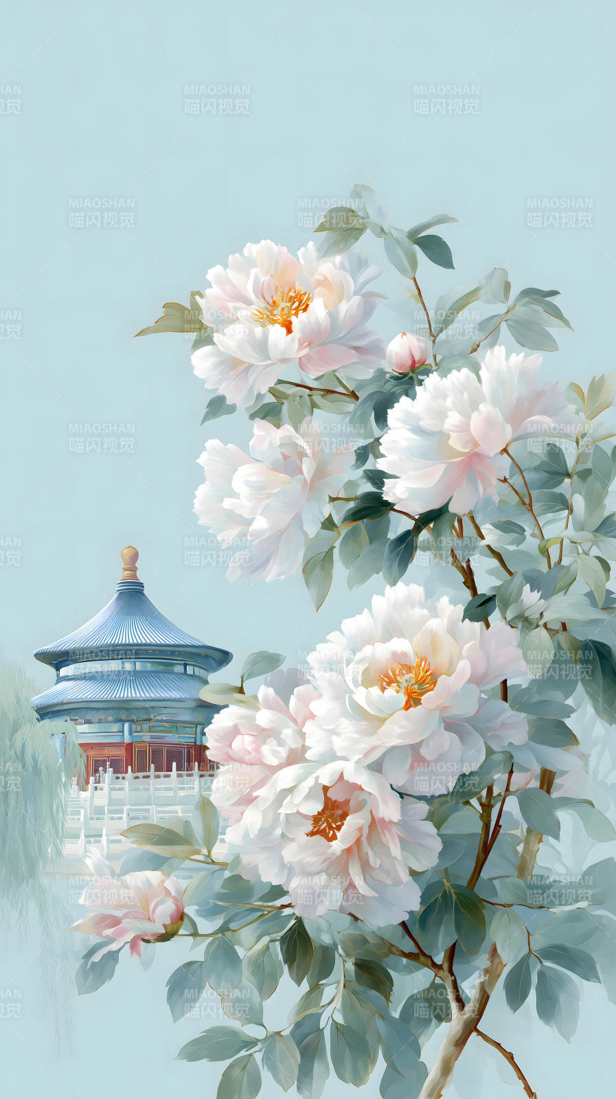 中國風亭臺與牡丹花-圖片