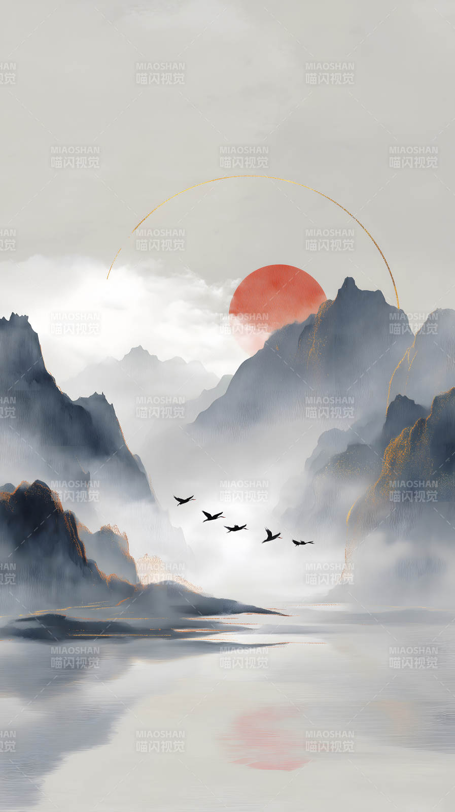 山水畫意境夕陽下的飛鳥-圖片