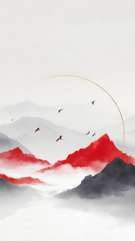 水墨山水畫鳥兒飛翔-圖片