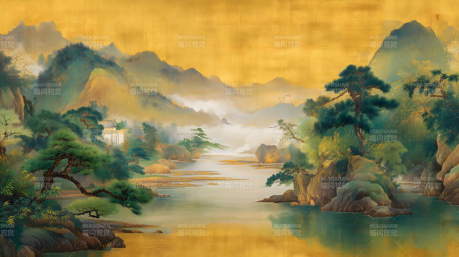 山水畫卷金光閃耀意境悠遠-圖片