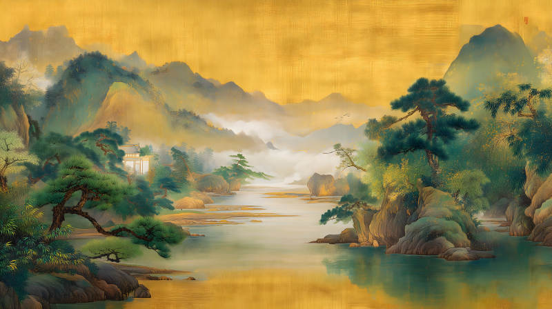 山水畫卷金光閃耀意境悠遠-圖片
