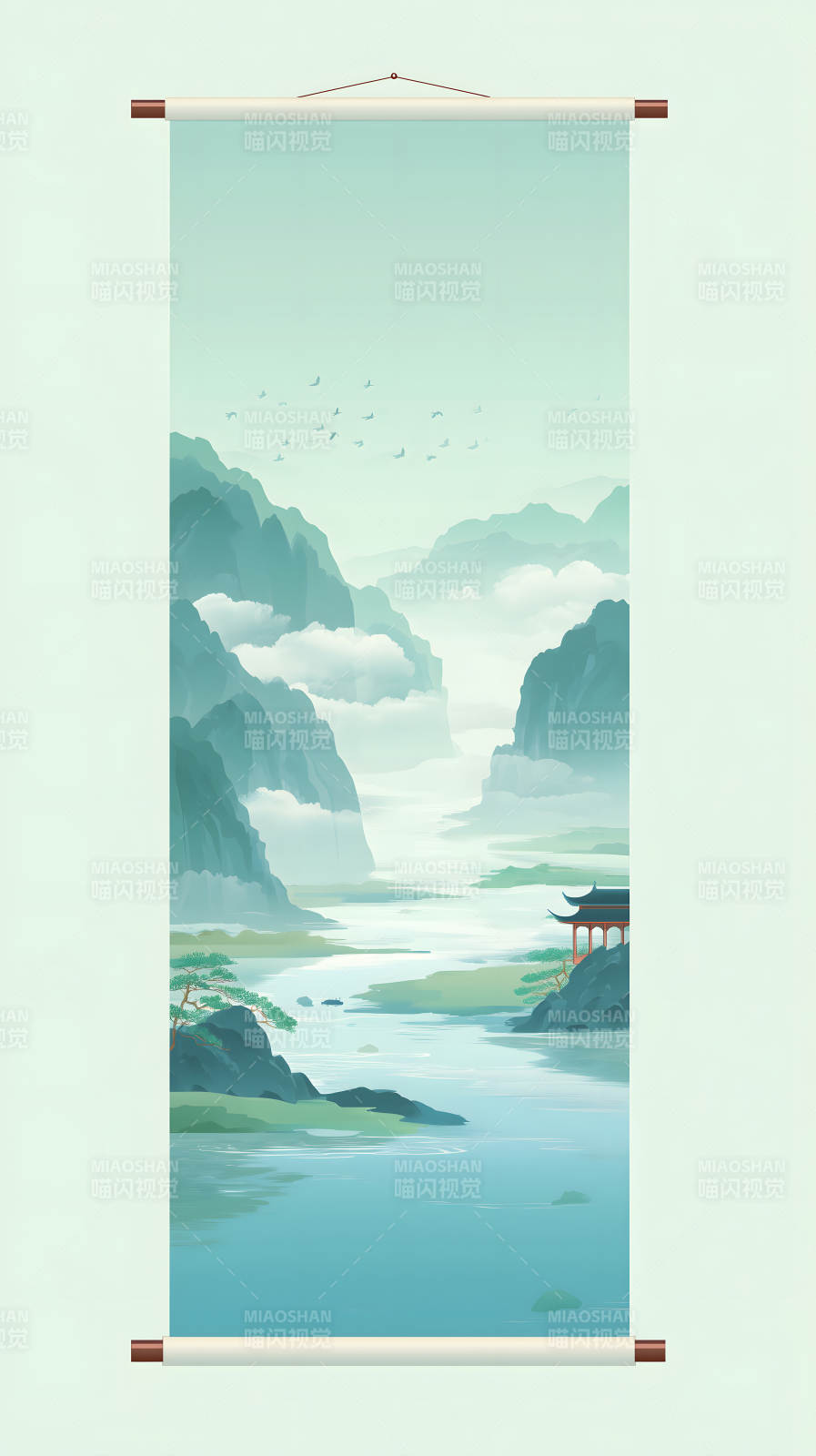 水墨山水畫卷意境悠遠-圖片