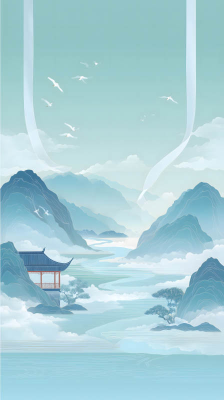 水墨意境山水圖飛鳥白云-圖片