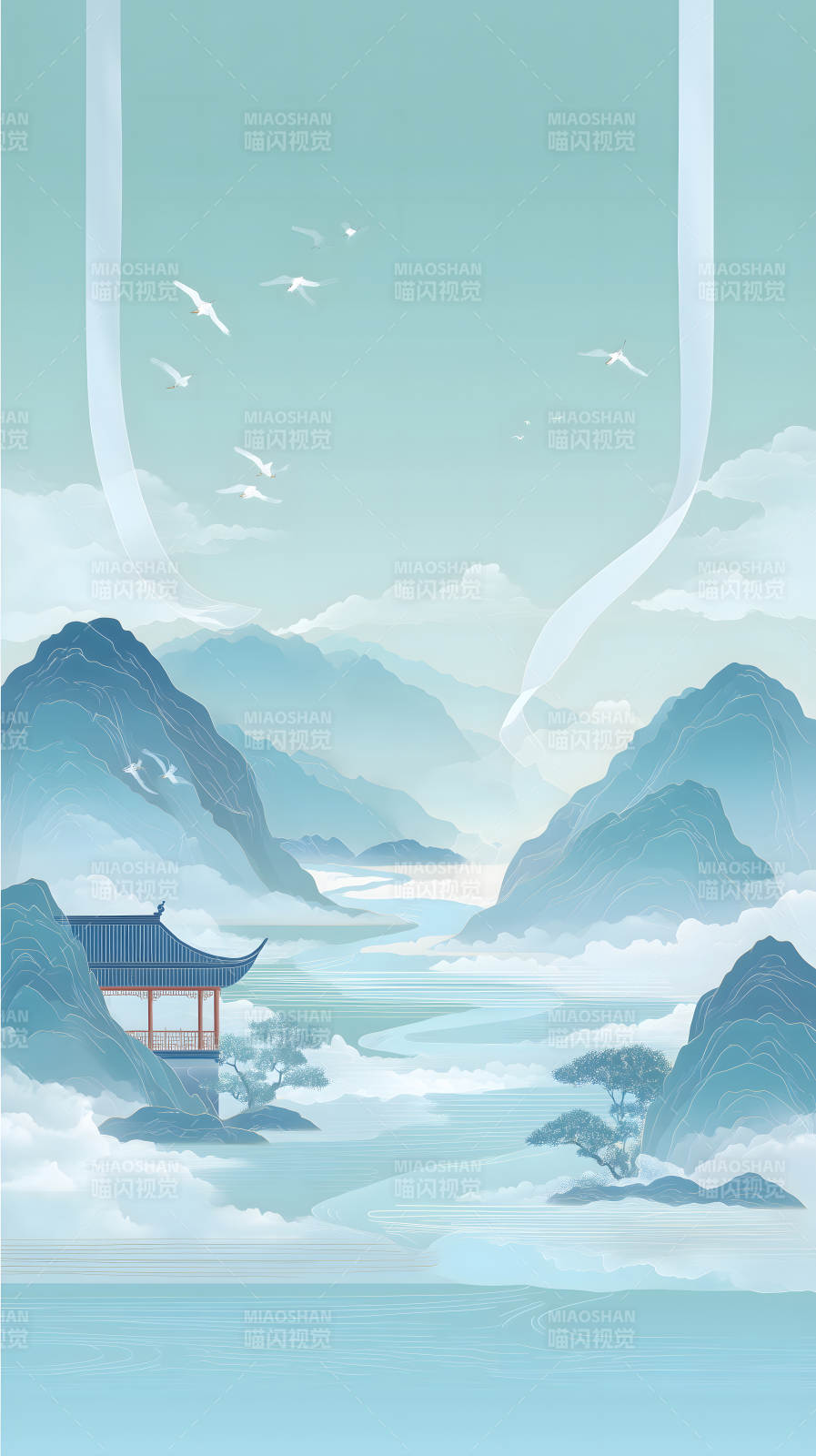 水墨意境山水圖飛鳥白云-圖片