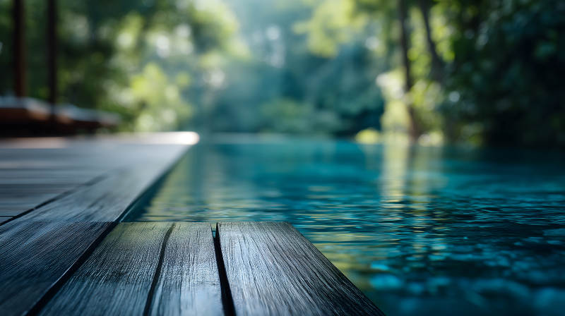 泳池木板森林背景水面波光粼粼-圖片