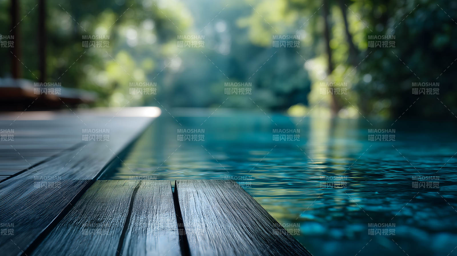 泳池木板森林背景水面波光粼粼-圖片