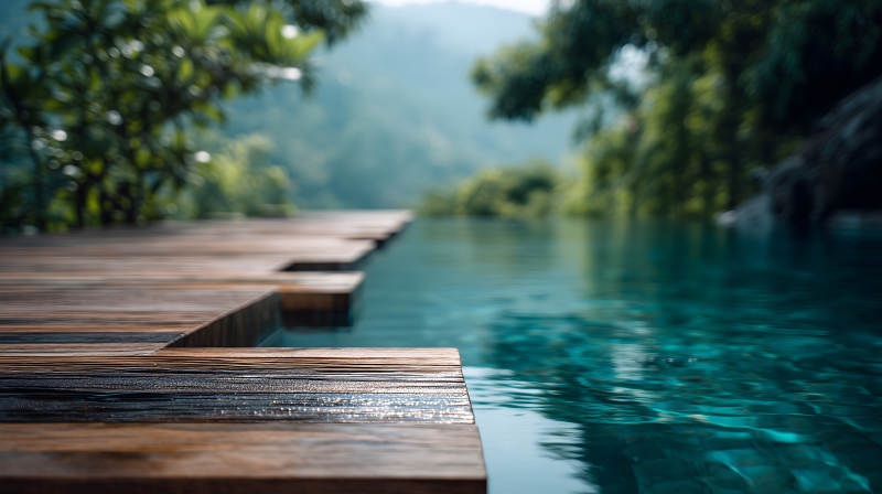 木質平臺與碧水相接山水環(huán)繞風景-圖片