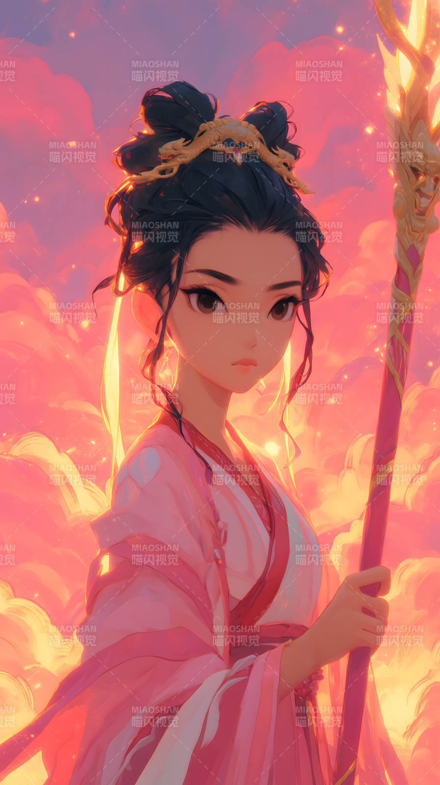 粉色云霞中的東方女子-圖片