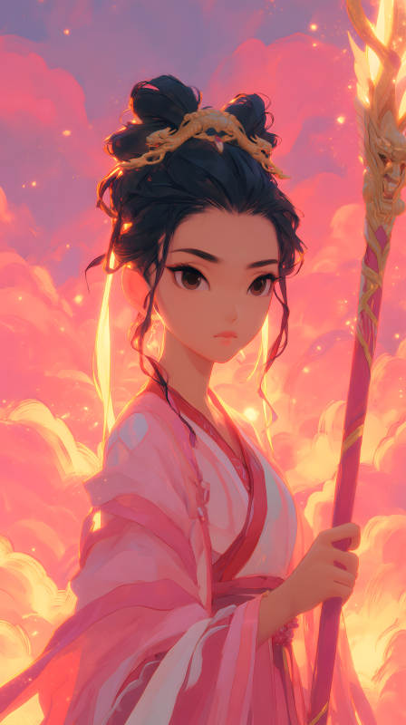 粉色云霞中的東方女子-圖片