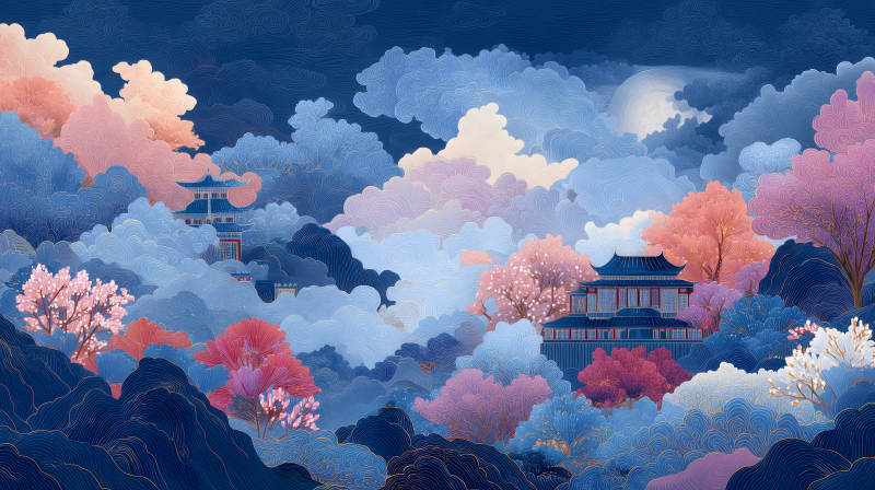 東方古韻山水畫樓閣云霧間-圖片