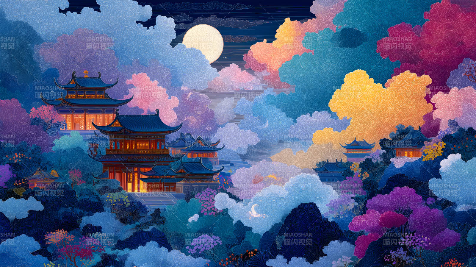 夜幕下的東方宮殿與祥云-圖片