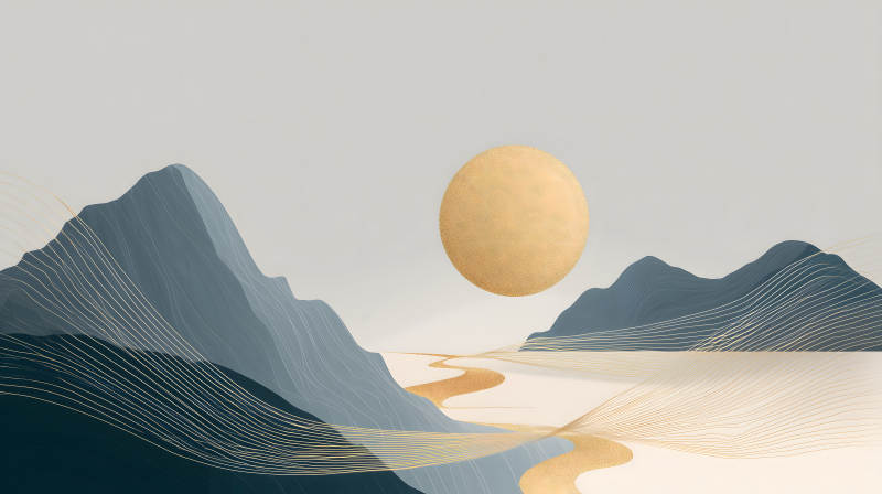 山水之間金色太陽的唯美意境-圖片