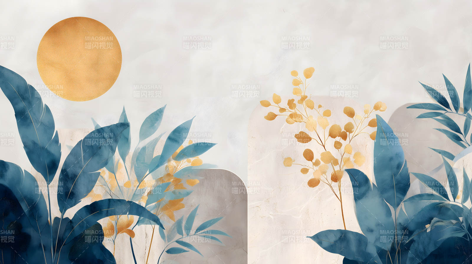 抽象植物金色元素裝飾畫-圖片