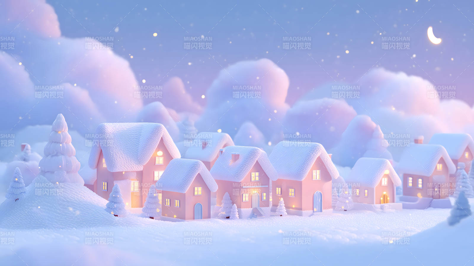 粉色雪屋夜景夢幻唯美-圖片