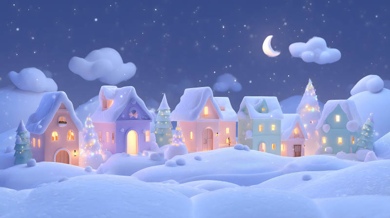 夢幻雪夜小鎮(zhèn)溫馨浪漫場景-圖片