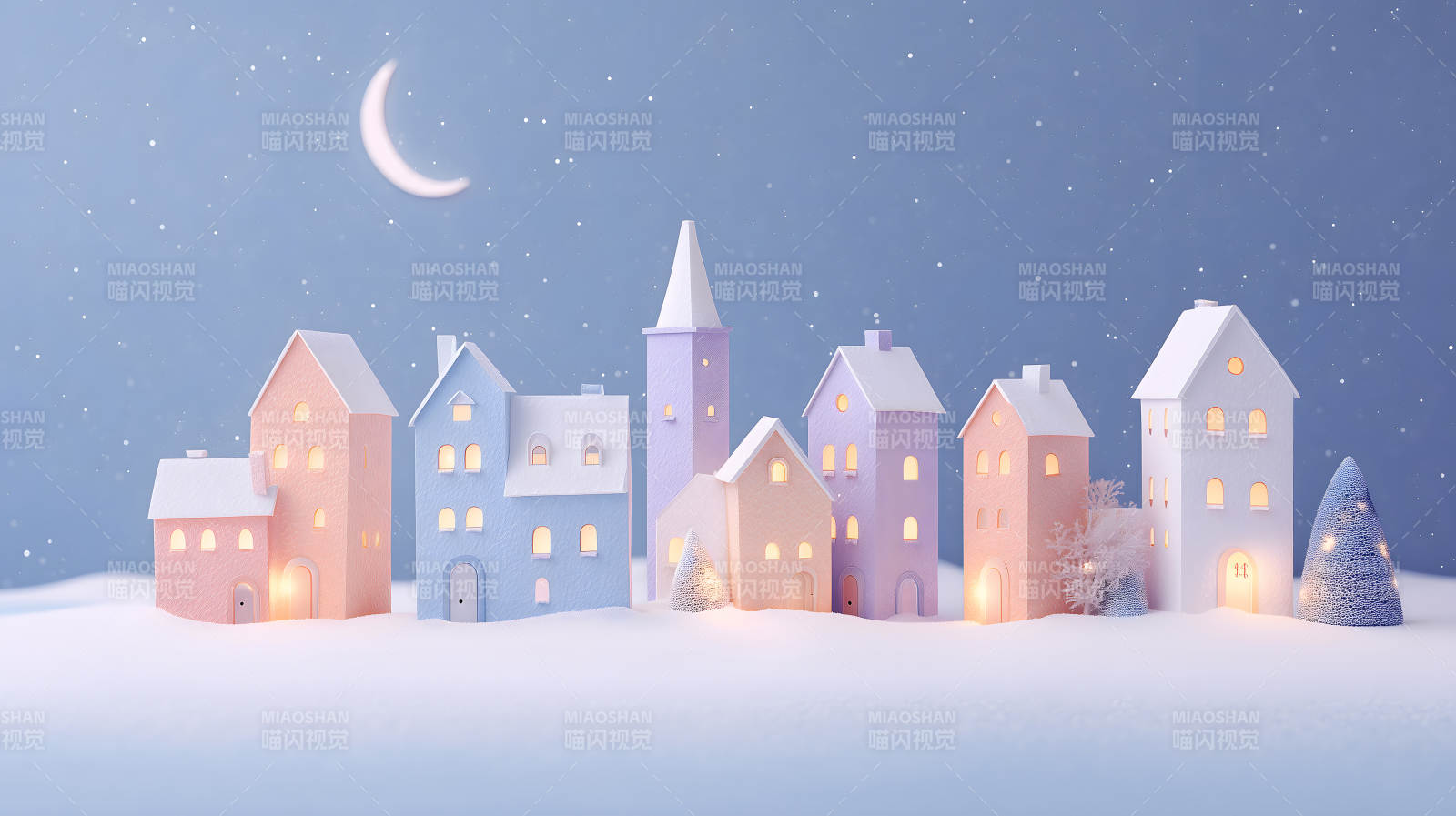 夢(mèng)幻的童話小鎮(zhèn)在雪夜中閃耀-圖片