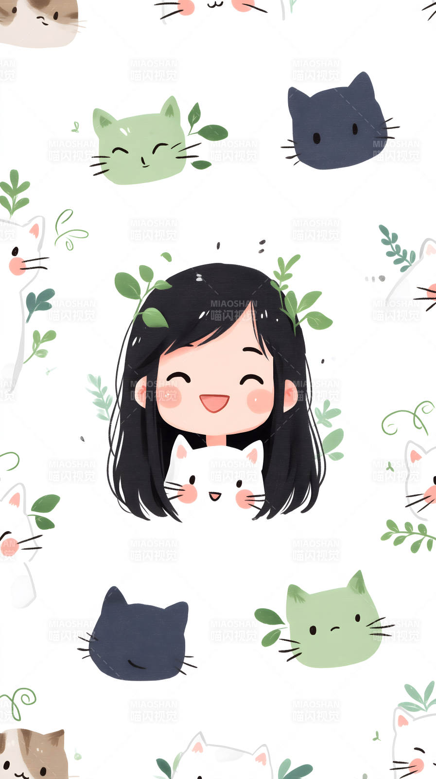 女孩和貓咪的可愛插畫-圖片